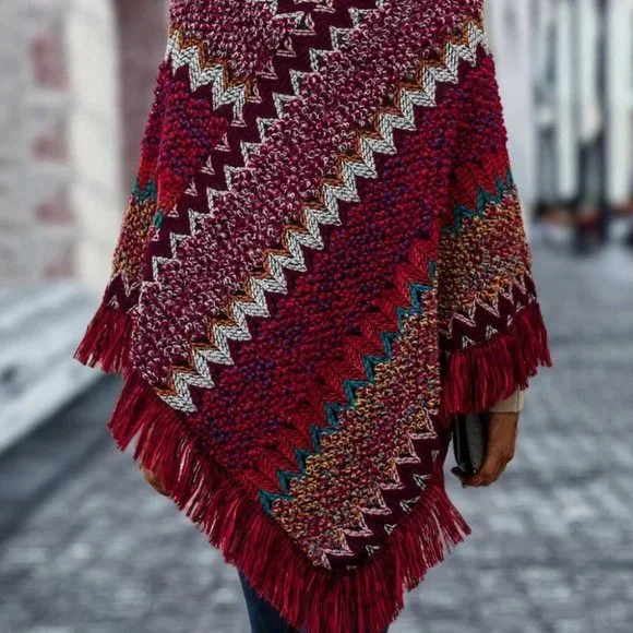 Chevron Fringe Hem Poncho Sweater multi color - Picture 4 of 7